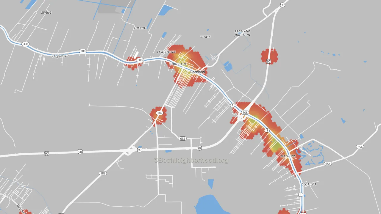 Walk Grade map of 70394, LA, walkable areas in green and car-dependent areas in red