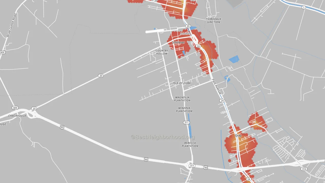 Walk Grade map of 70395, LA, walkable areas in green and car-dependent areas in red
