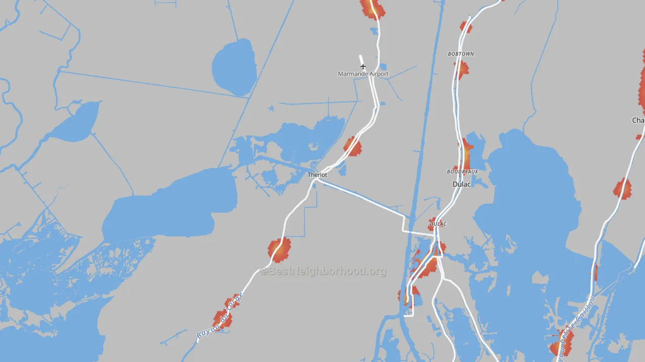 Walk Grade map of 70397, LA, walkable areas in green and car-dependent areas in red