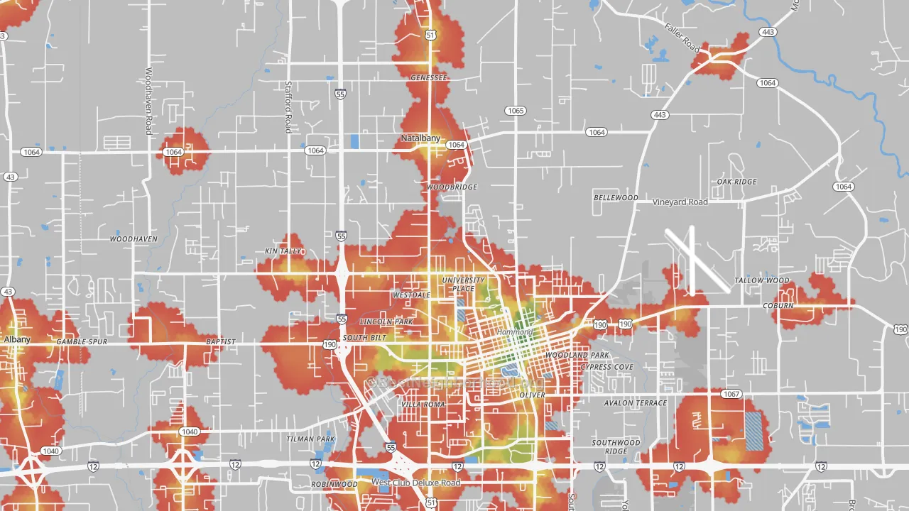 Walk Grade map of 70401, LA, walkable areas in green and car-dependent areas in red