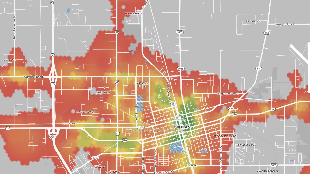 Walk Grade map of 70402, LA, walkable areas in green and car-dependent areas in red