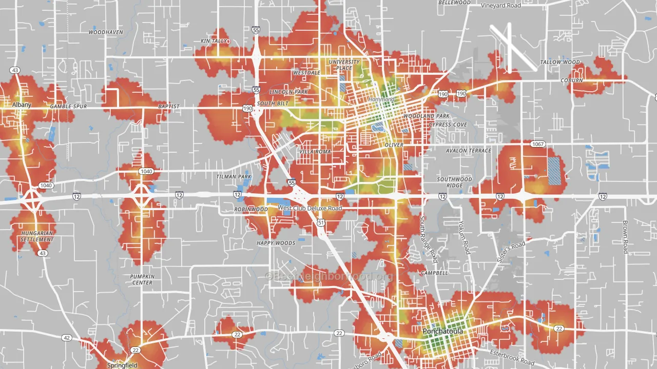 Walk Grade map of 70403, LA, walkable areas in green and car-dependent areas in red