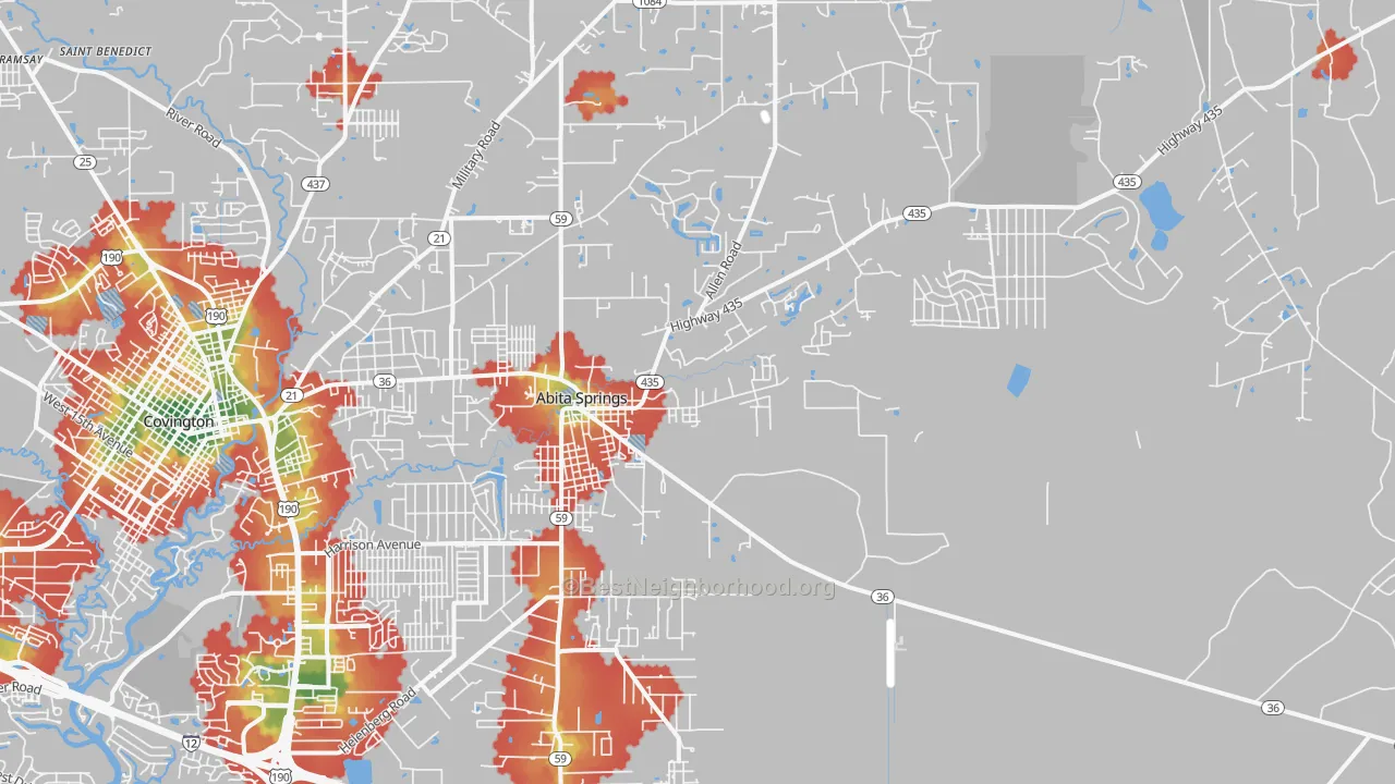Walk Grade map of 70420, LA, walkable areas in green and car-dependent areas in red
