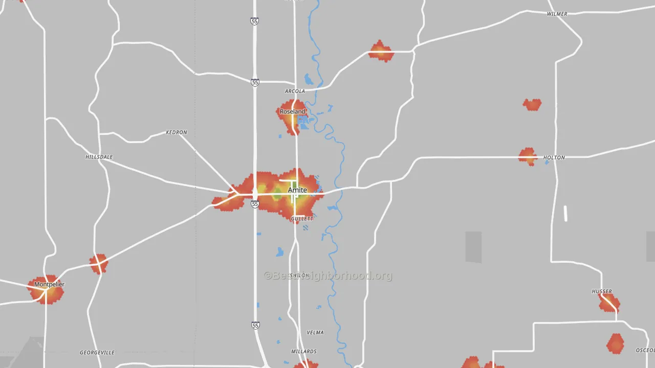 Walk Grade map of 70422, LA, walkable areas in green and car-dependent areas in red