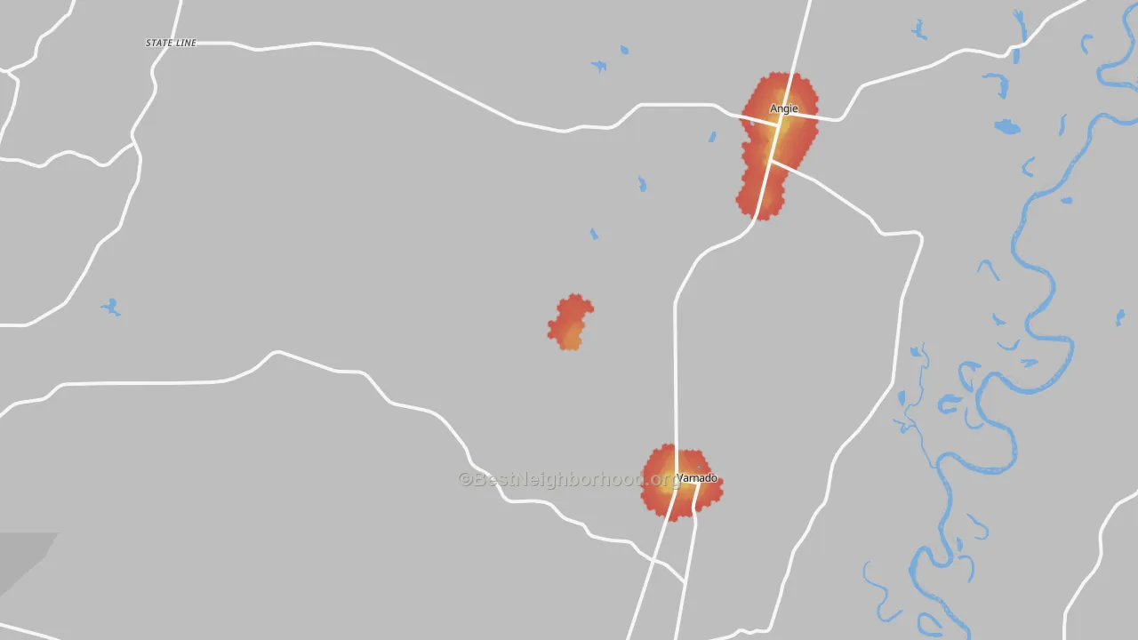 Walk Grade map of 70426, LA, walkable areas in green and car-dependent areas in red