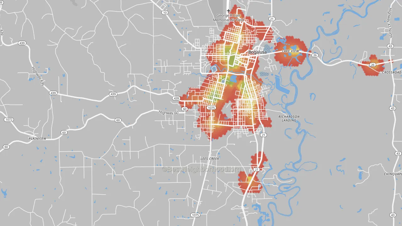 Walk Grade map of 70427, LA, walkable areas in green and car-dependent areas in red