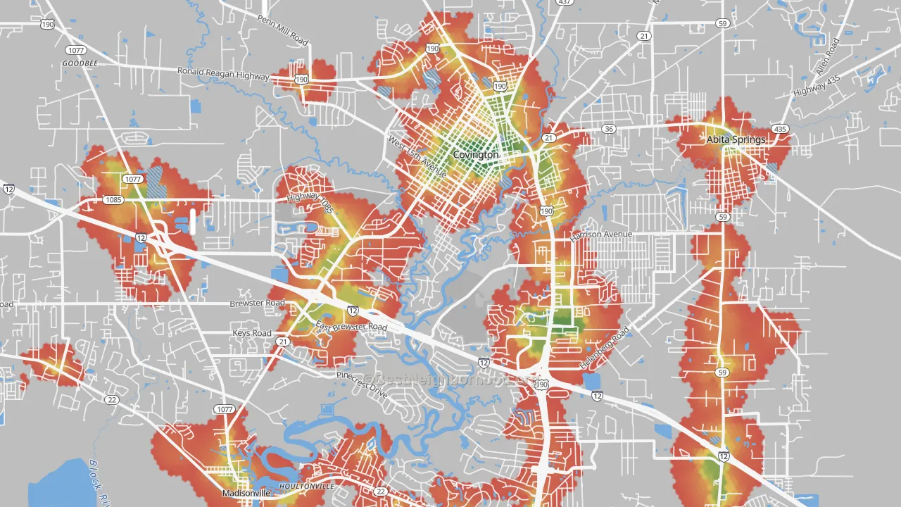Walk Grade map of 70433, LA, walkable areas in green and car-dependent areas in red