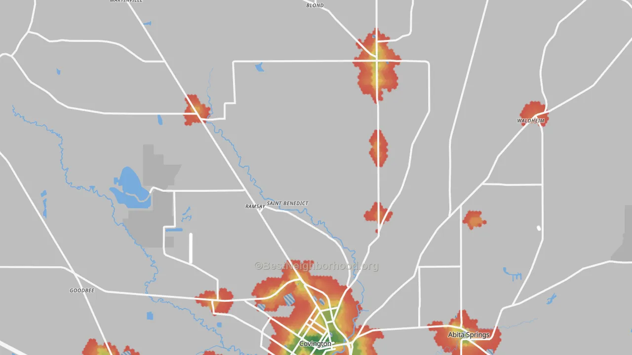 Walk Grade map of 70435, LA, walkable areas in green and car-dependent areas in red