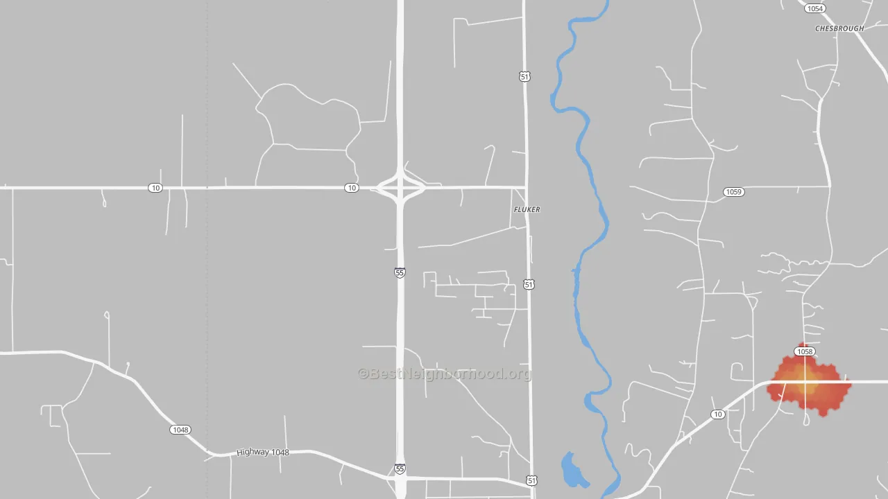 Walk Grade map of 70436, LA, walkable areas in green and car-dependent areas in red