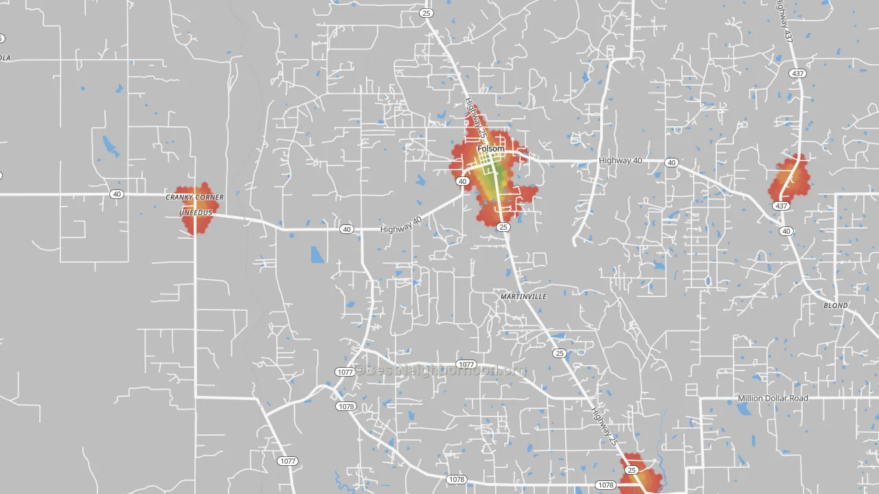 Walk Grade map of 70437, LA, walkable areas in green and car-dependent areas in red