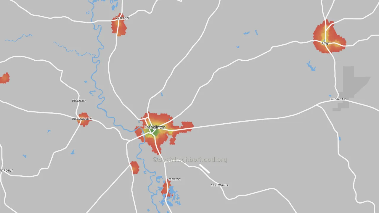 Walk Grade map of 70438, LA, walkable areas in green and car-dependent areas in red