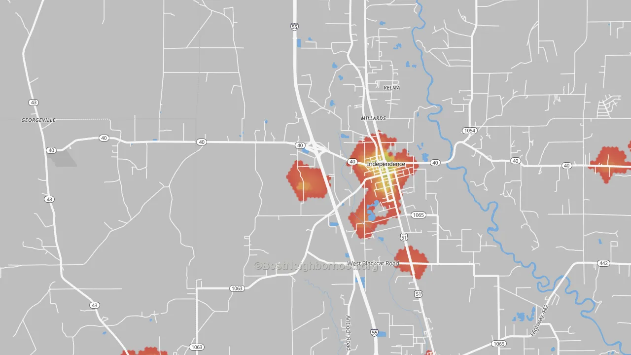 Walk Grade map of 70443, LA, walkable areas in green and car-dependent areas in red