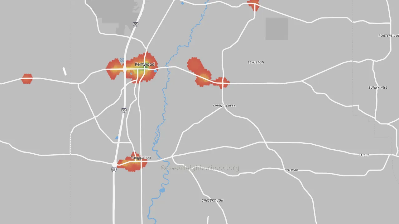 Walk Grade map of 70444, LA, walkable areas in green and car-dependent areas in red