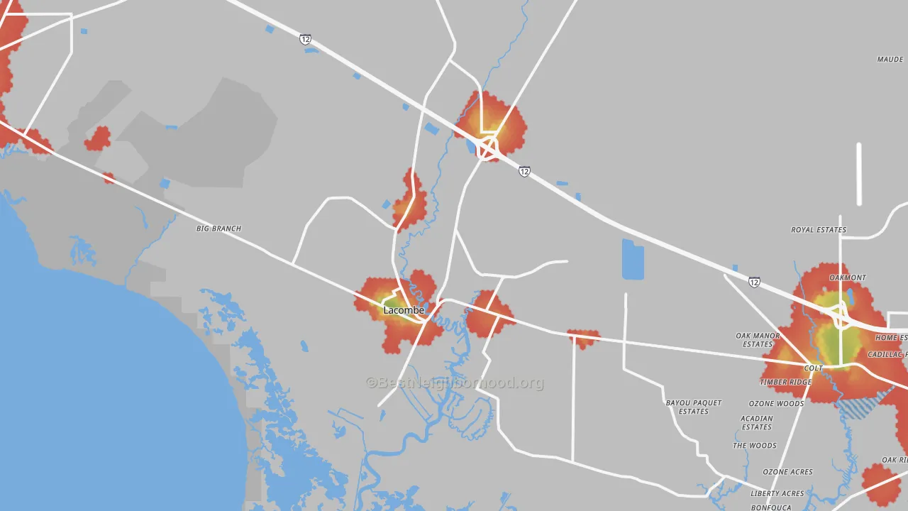 Walk Grade map of 70445, LA, walkable areas in green and car-dependent areas in red