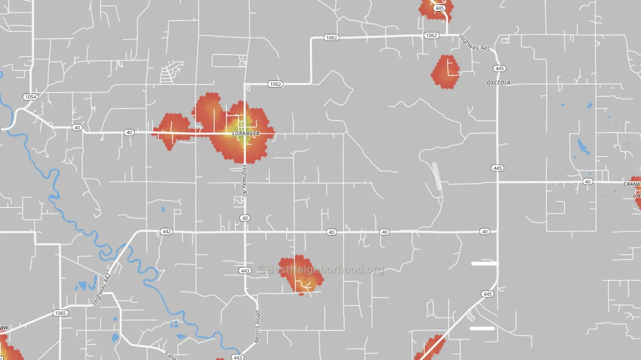 Walk Grade map of 70446, LA, walkable areas in green and car-dependent areas in red