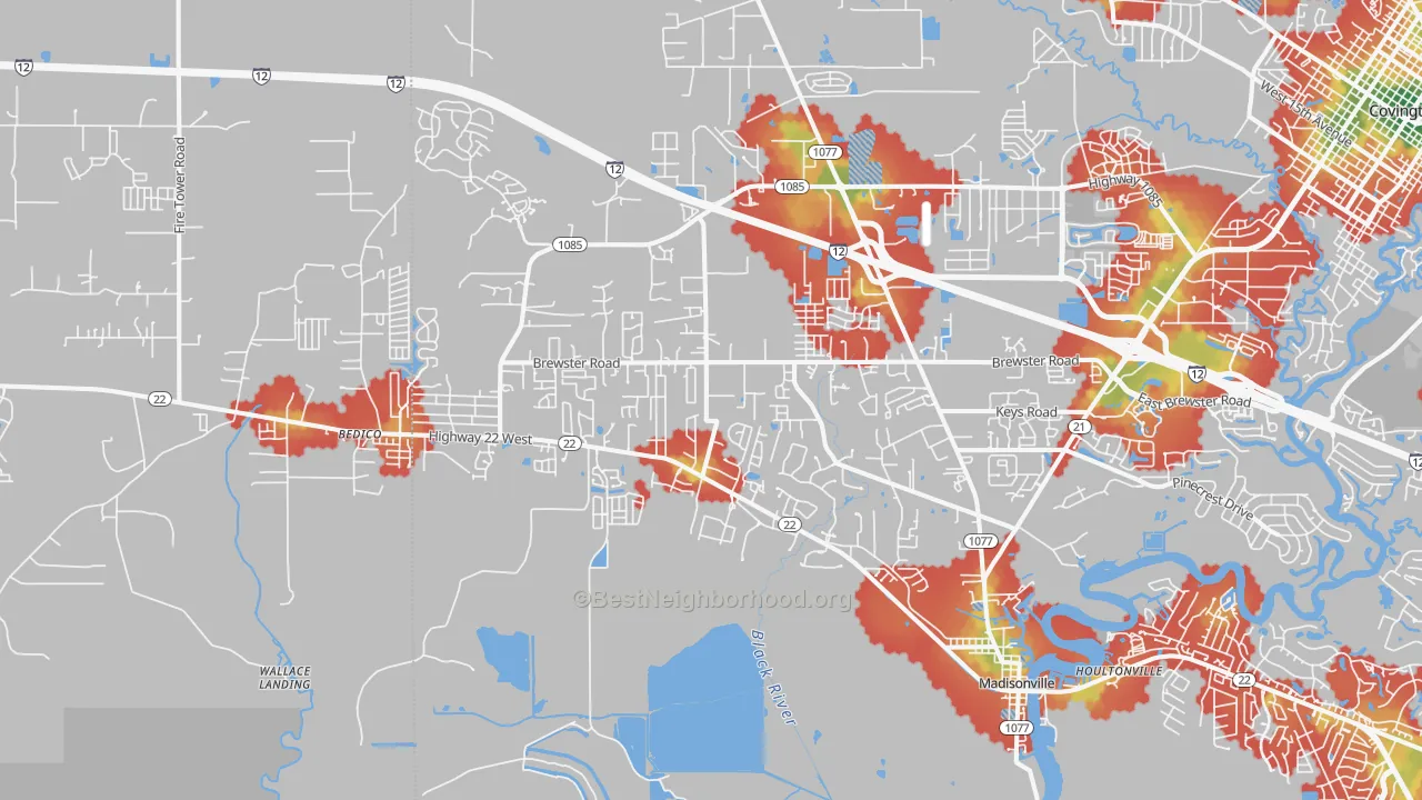 Walk Grade map of 70447, LA, walkable areas in green and car-dependent areas in red
