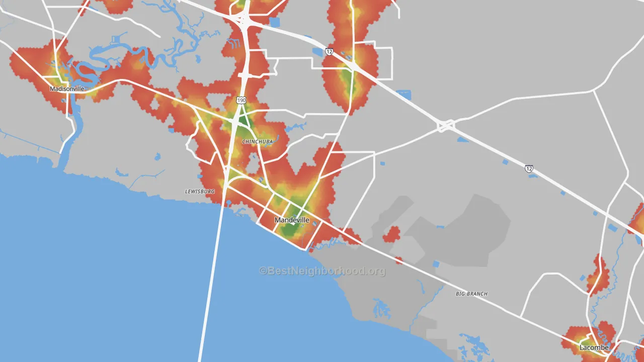 Walk Grade map of 70448, LA, walkable areas in green and car-dependent areas in red