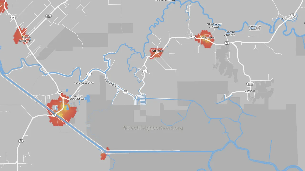 Walk Grade map of 70449, LA, walkable areas in green and car-dependent areas in red
