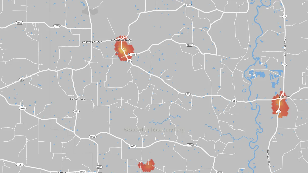 Walk Grade map of 70450, LA, walkable areas in green and car-dependent areas in red