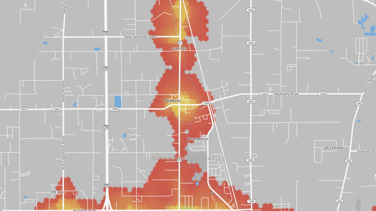 Walk Grade map of 70451, LA, walkable areas in green and car-dependent areas in red