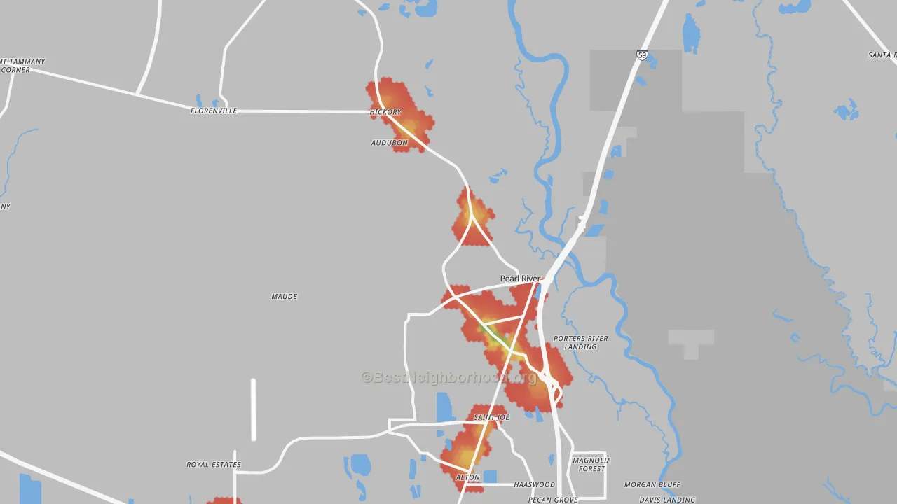 Walk Grade map of 70452, LA, walkable areas in green and car-dependent areas in red