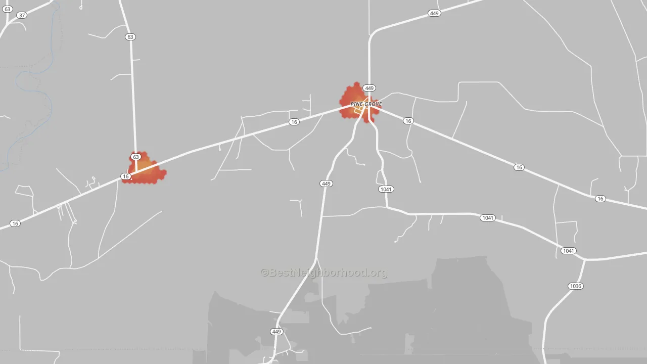 Walk Grade map of 70453, LA, walkable areas in green and car-dependent areas in red