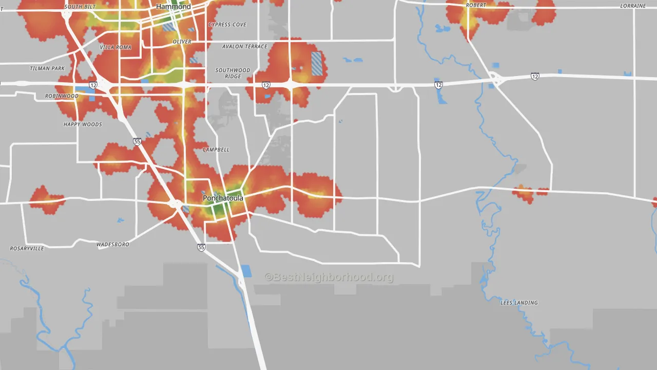 Walk Grade map of 70454, LA, walkable areas in green and car-dependent areas in red
