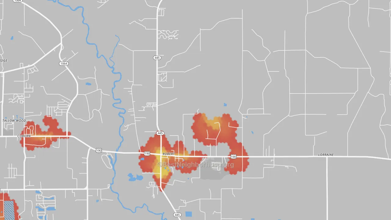 Walk Grade map of 70455, LA, walkable areas in green and car-dependent areas in red