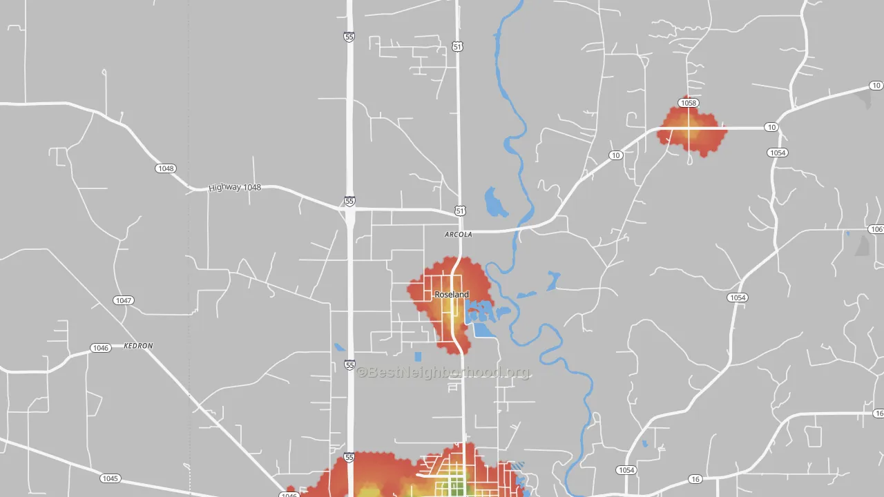 Walk Grade map of 70456, LA, walkable areas in green and car-dependent areas in red