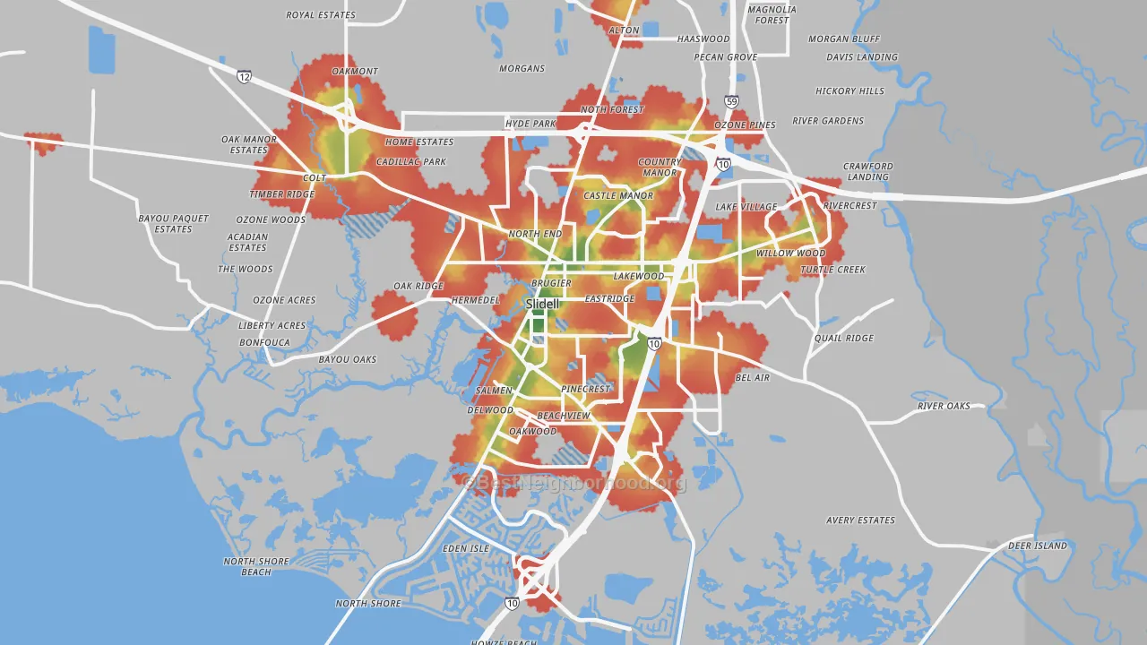 Walk Grade map of 70458, LA, walkable areas in green and car-dependent areas in red