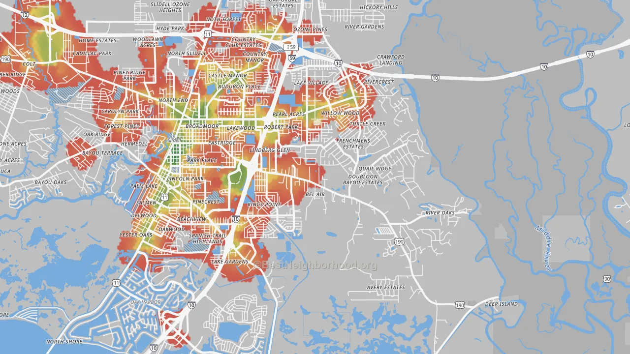 Walk Grade map of 70461, LA, walkable areas in green and car-dependent areas in red