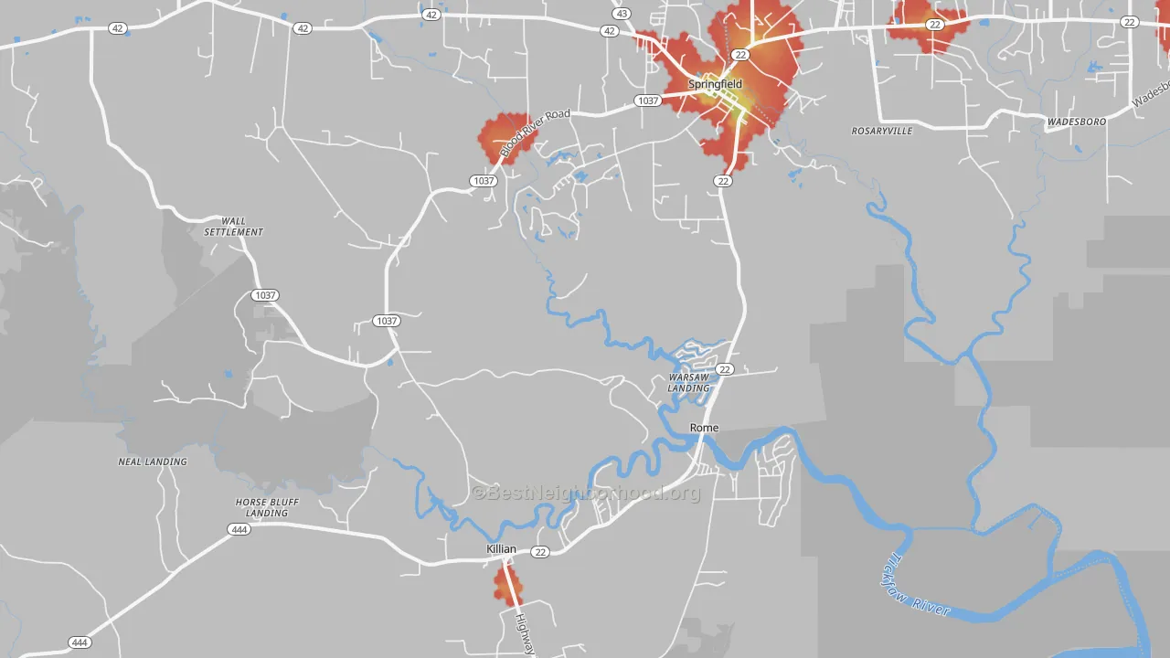 Walk Grade map of 70462, LA, walkable areas in green and car-dependent areas in red