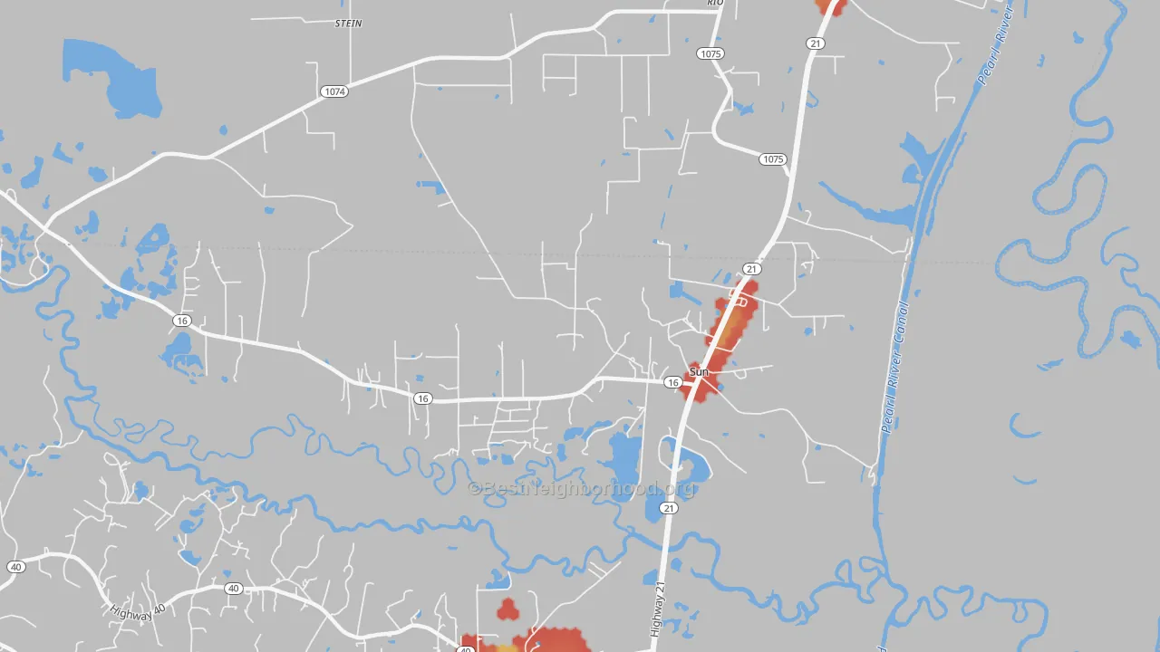 Walk Grade map of 70463, LA, walkable areas in green and car-dependent areas in red