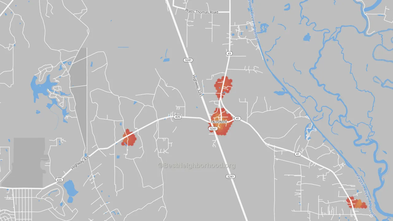 Walk Grade map of 70464, LA, walkable areas in green and car-dependent areas in red