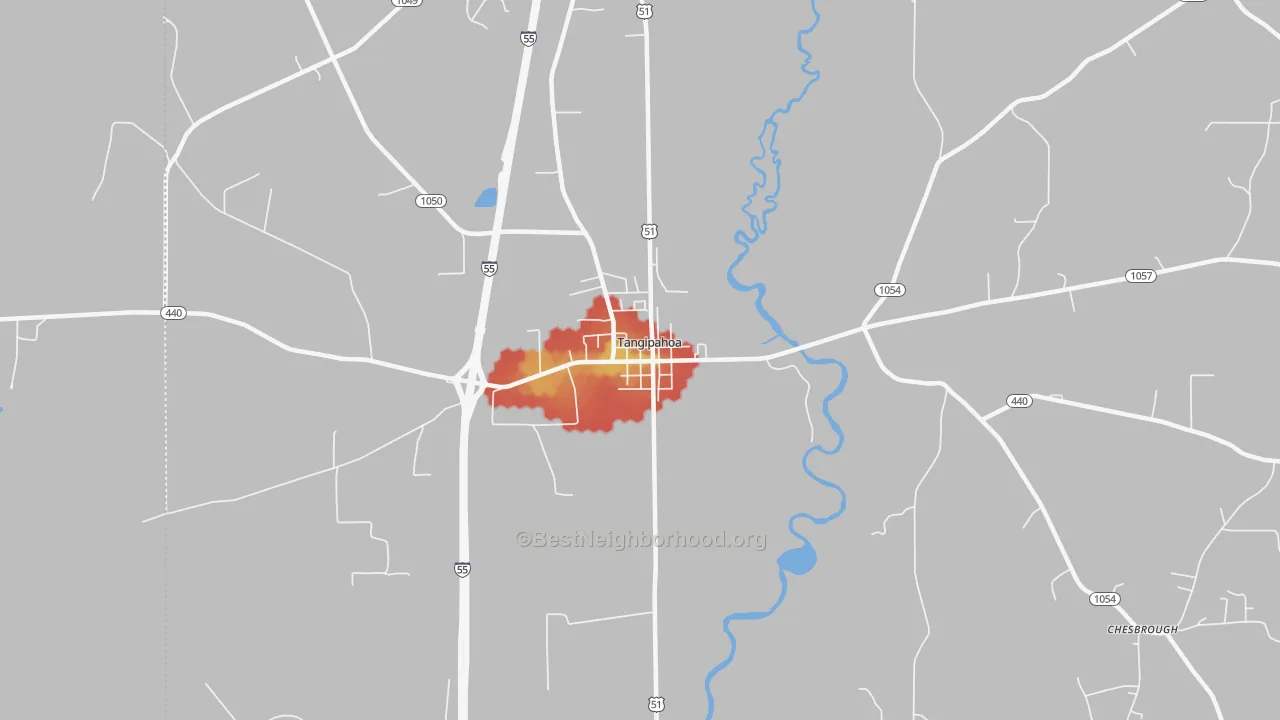 Walk Grade map of 70465, LA, walkable areas in green and car-dependent areas in red