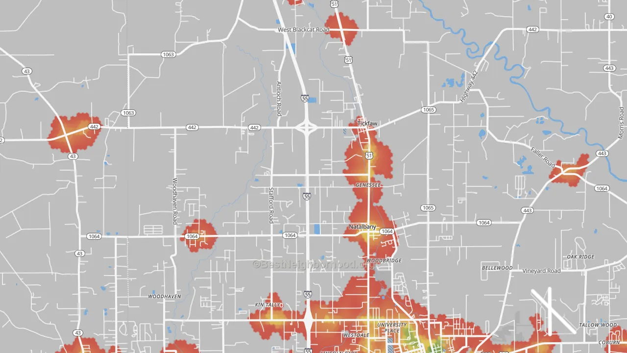 Walk Grade map of 70466, LA, walkable areas in green and car-dependent areas in red