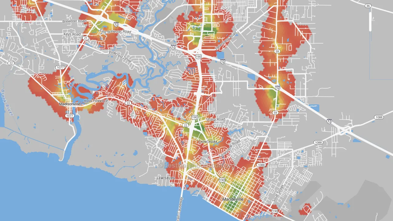 Walk Grade map of 70471, LA, walkable areas in green and car-dependent areas in red