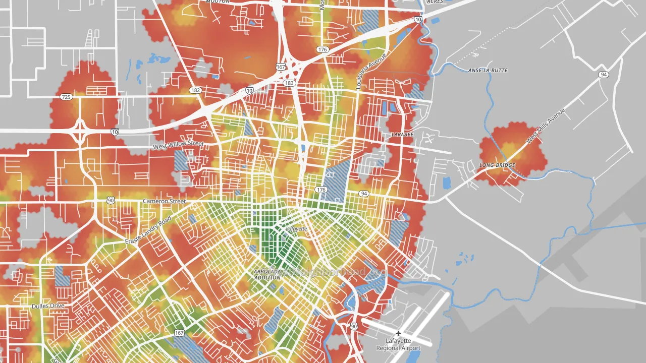 Walk Grade map of 70501, LA, walkable areas in green and car-dependent areas in red