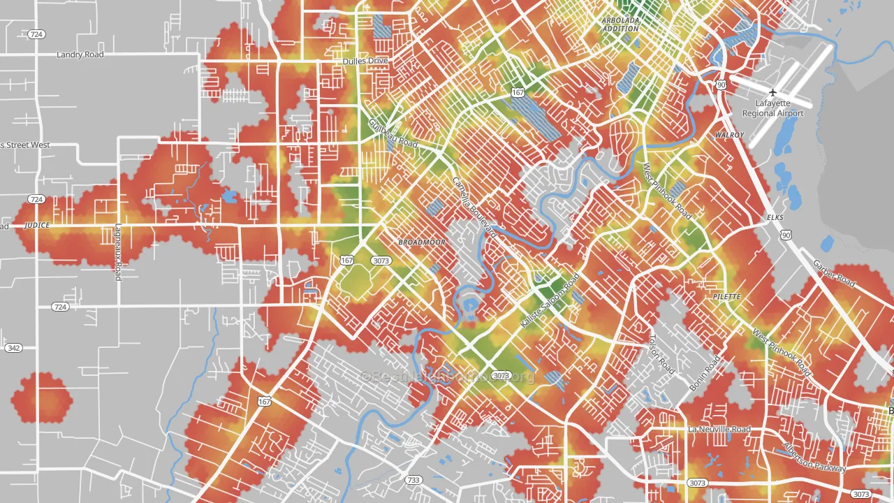 Walk Grade map of 70503, LA, walkable areas in green and car-dependent areas in red