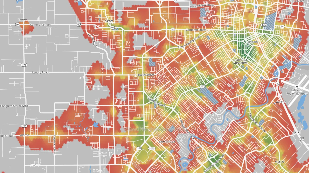 Walk Grade map of 70506, LA, walkable areas in green and car-dependent areas in red