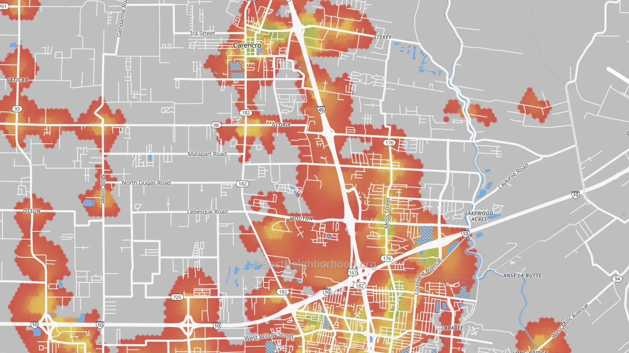 Walk Grade map of 70507, LA, walkable areas in green and car-dependent areas in red