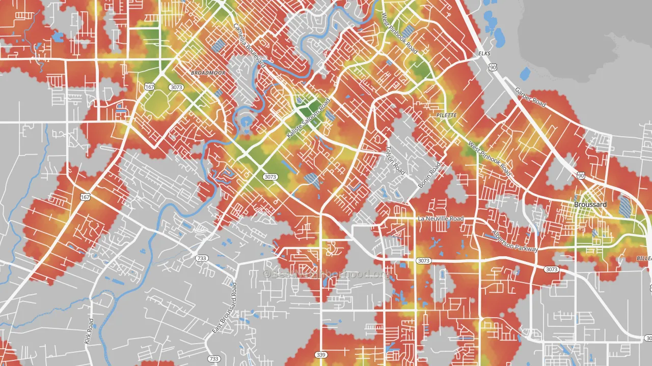 Walk Grade map of 70508, LA, walkable areas in green and car-dependent areas in red