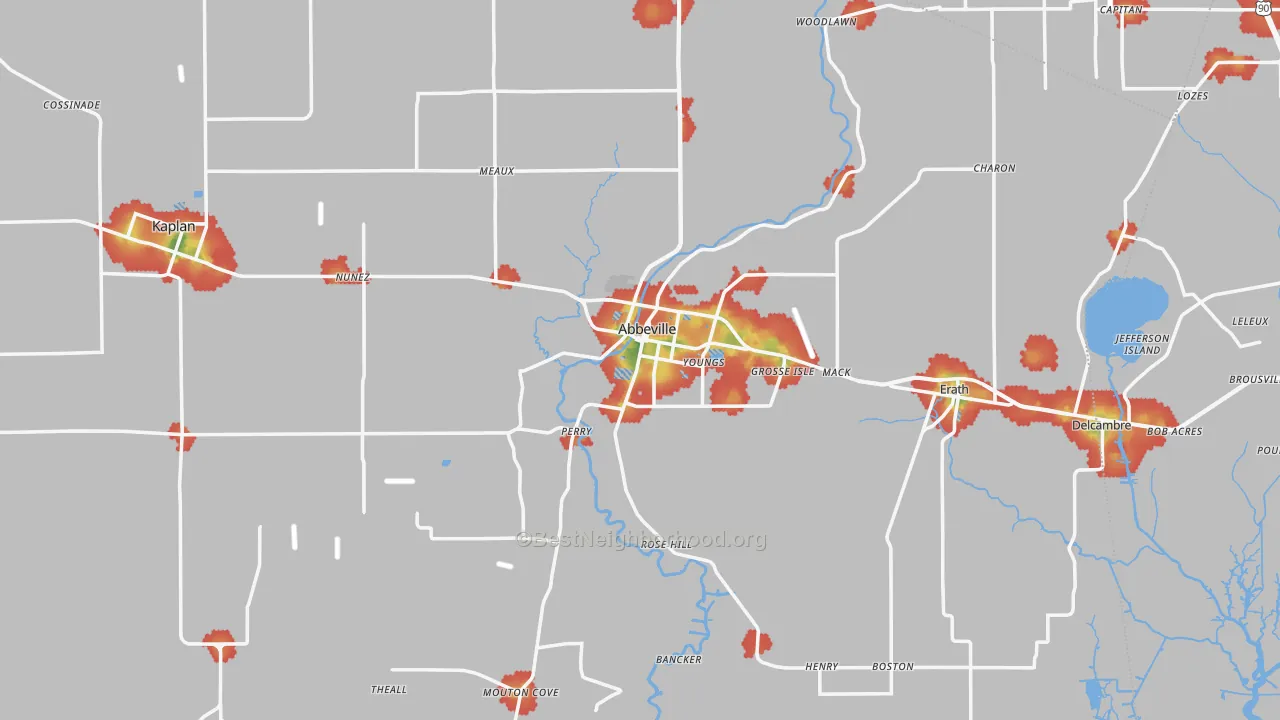 Walk Grade map of 70510, LA, walkable areas in green and car-dependent areas in red