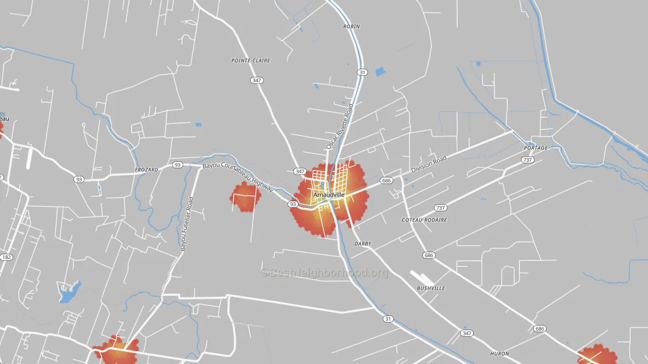 Walk Grade map of 70512, LA, walkable areas in green and car-dependent areas in red