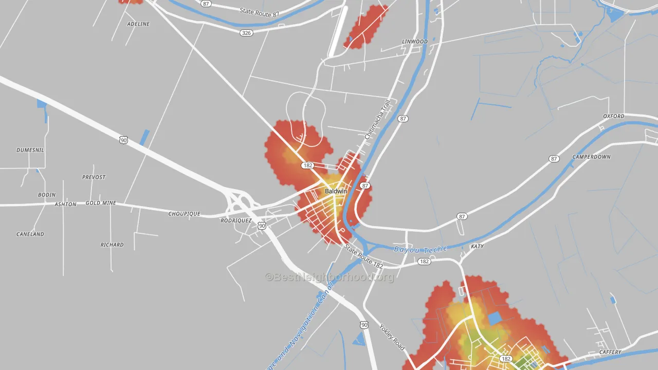 Walk Grade map of 70514, LA, walkable areas in green and car-dependent areas in red