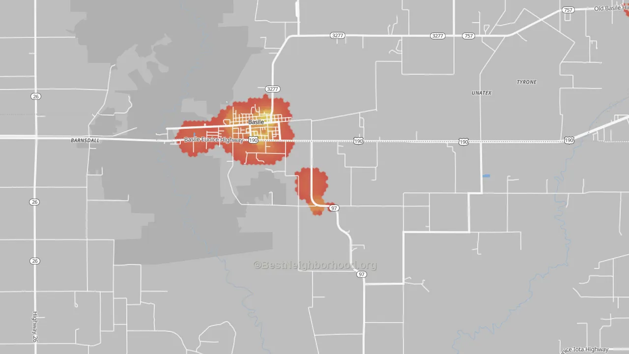Walk Grade map of 70515, LA, walkable areas in green and car-dependent areas in red