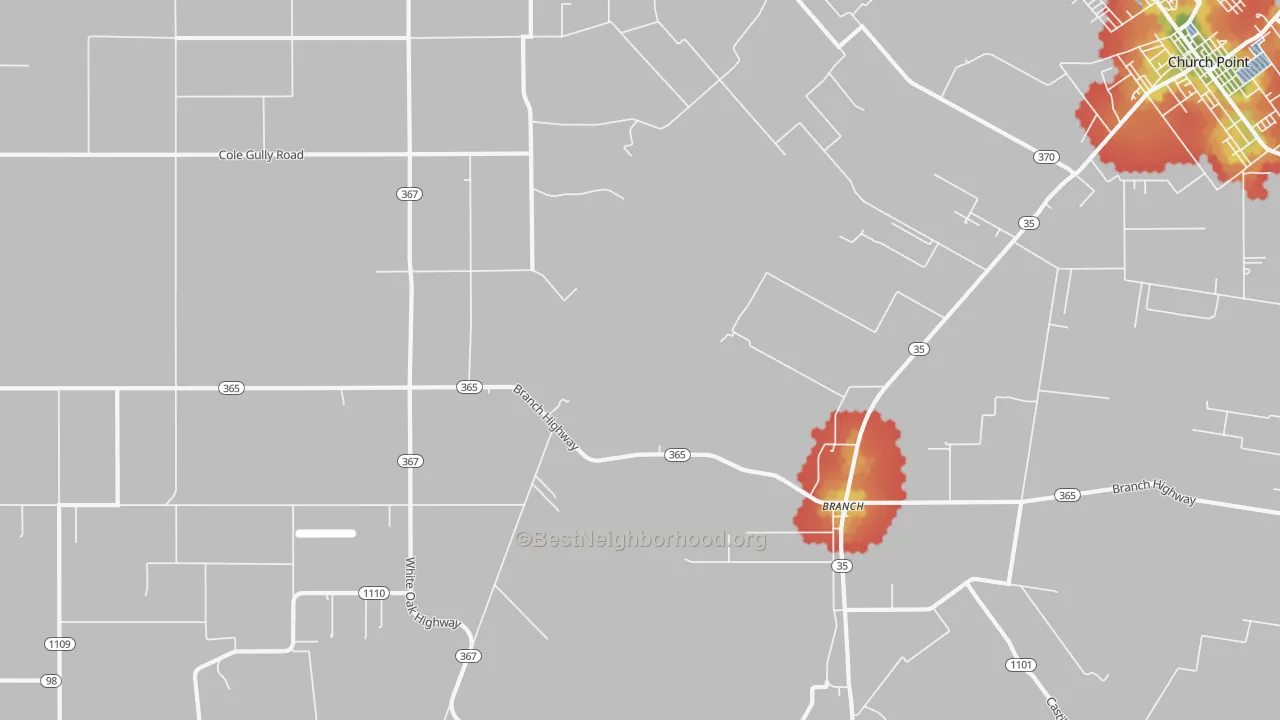 Walk Grade map of 70516, LA, walkable areas in green and car-dependent areas in red