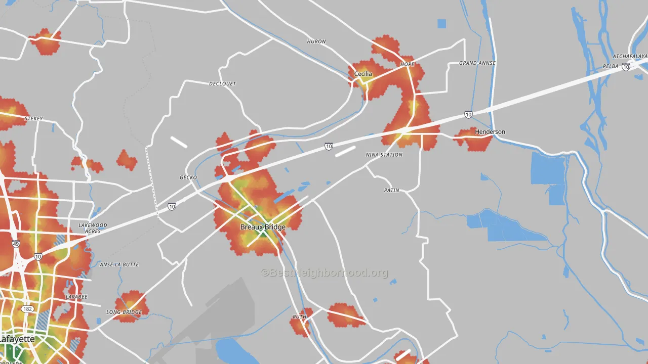 Walk Grade map of 70517, LA, walkable areas in green and car-dependent areas in red
