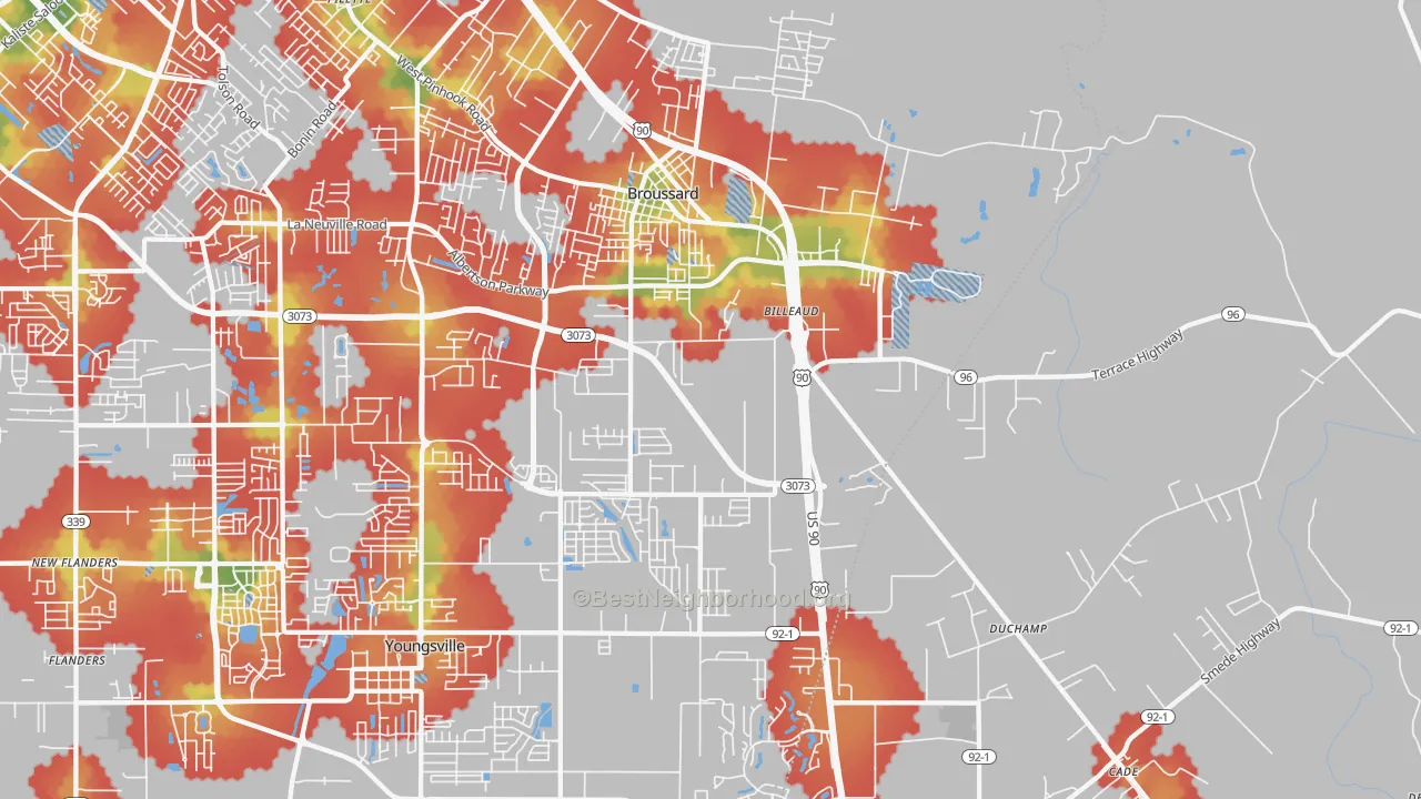 Walk Grade map of 70518, LA, walkable areas in green and car-dependent areas in red