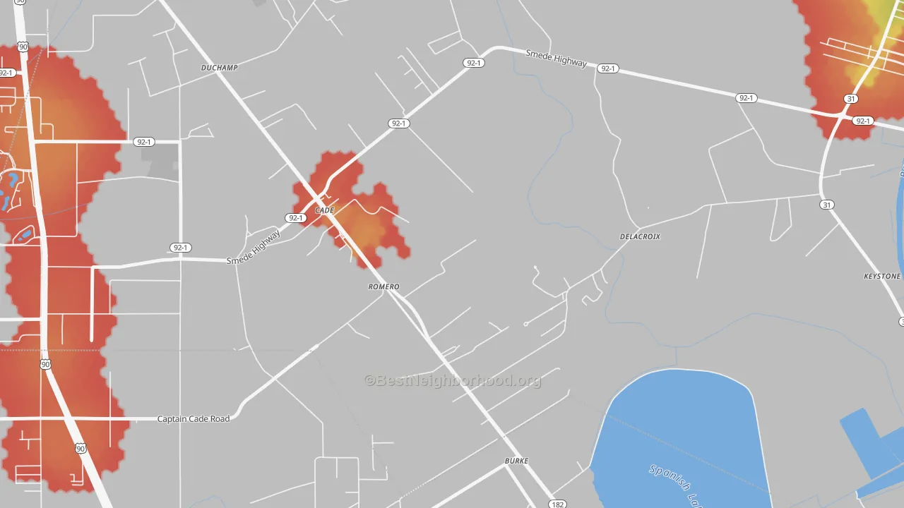 Walk Grade map of 70519, LA, walkable areas in green and car-dependent areas in red